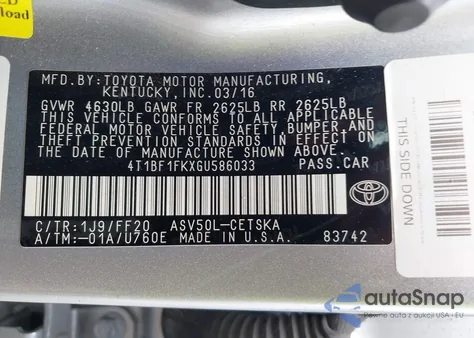 2016 Toyota Camry Se из США, поврежденный, VIN 4T1BF1FKXGU586033